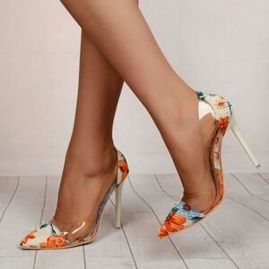 Women Floral Print Point Toe Stiletto Heeled Court Pumps